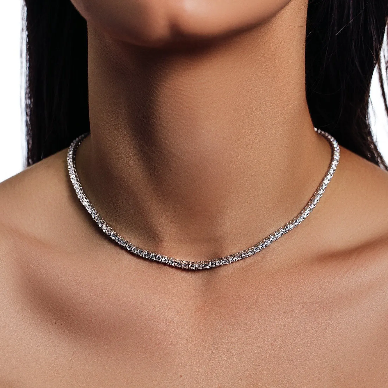 Rhodium Plated 925 Sterling Silver Moissanite Stone 3mm Tennis Necklace - MGMN00016