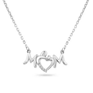 Rhodium Plated 925 Sterling Silver Mom Heart Clear CZ Pendant Necklace - BGP01460