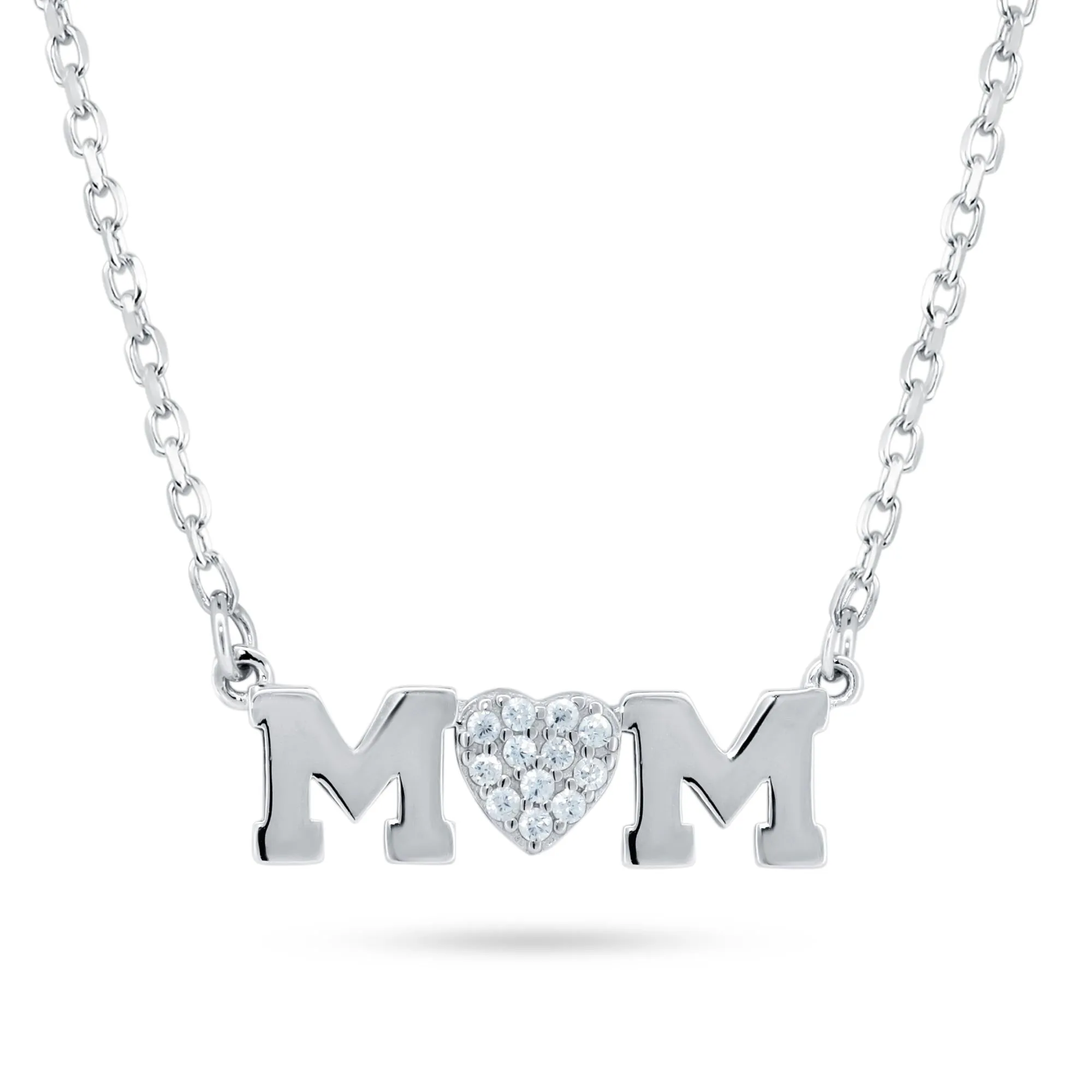 Rhodium Plated 925 Sterling Silver Mom Heart CZ Necklace - BGP01479