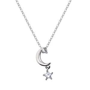 Rhodium Plated 925 Sterling Silver Moon and Clear CZ Star Pendant Adjustable Necklace - STP01833