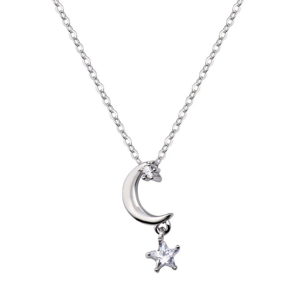 Rhodium Plated 925 Sterling Silver Moon and Clear CZ Star Pendant Adjustable Necklace - STP01833