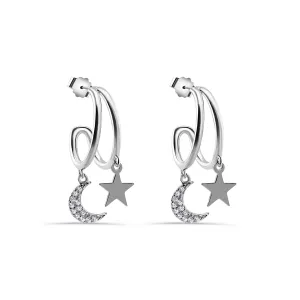 Rhodium Plated 925 Sterling Silver Moon and Star Hoop Earring - STE01383