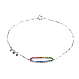 Rhodium Plated 925 Sterling Silver Multi Color CZ Open Oval Bracelet - STB00571