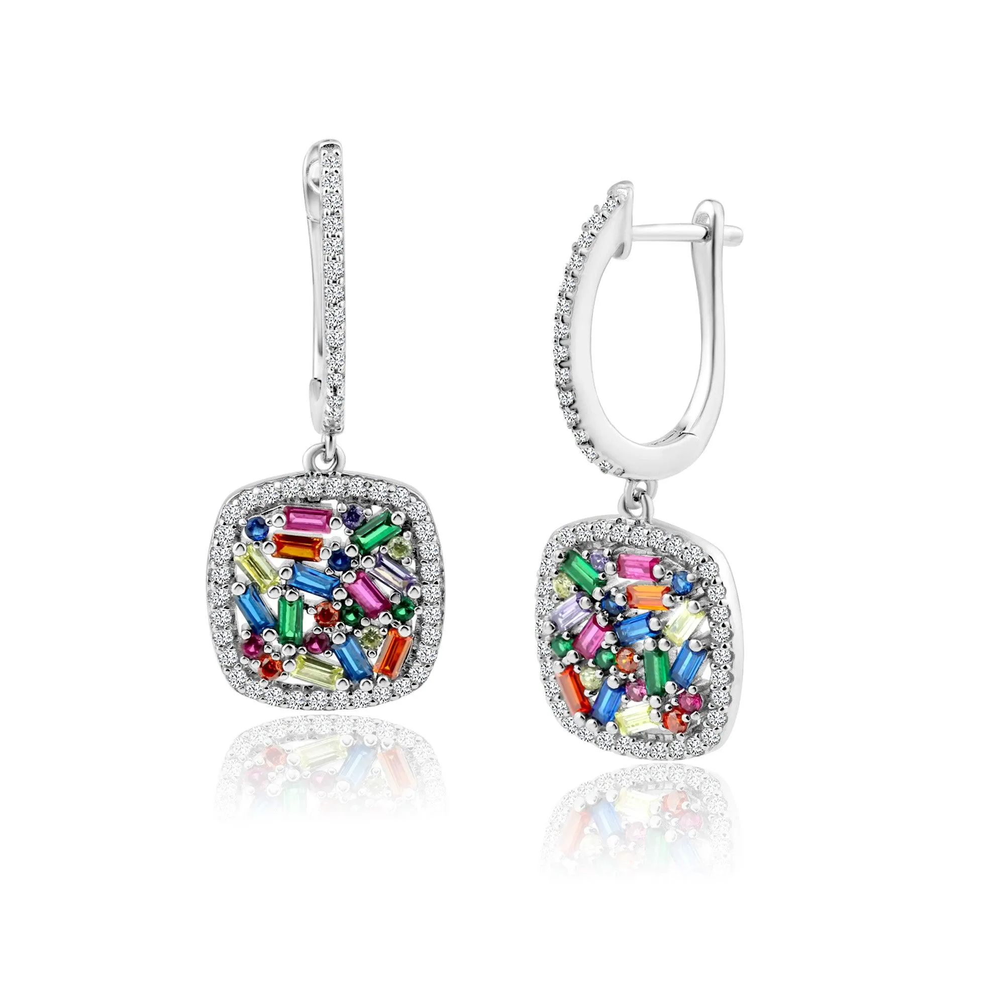 Rhodium Plated 925 Sterling Silver Multi Colored CZ Square Dangling Earring - BGE00650