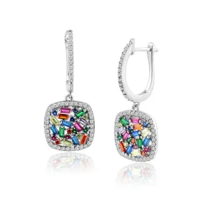 Rhodium Plated 925 Sterling Silver Multi Colored CZ Square Dangling Earring - BGE00650
