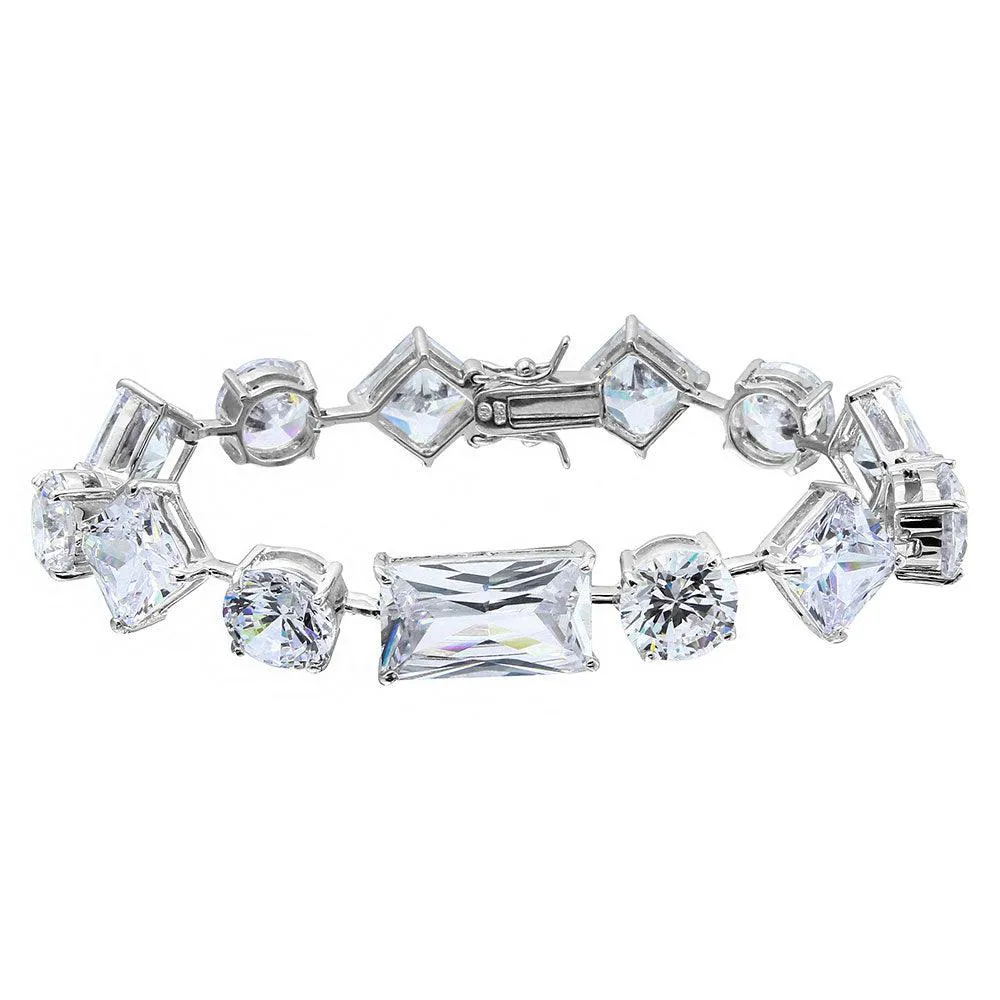 Rhodium Plated 925 Sterling Silver Multi Shape CZ Stones Bracelet - BGB00285