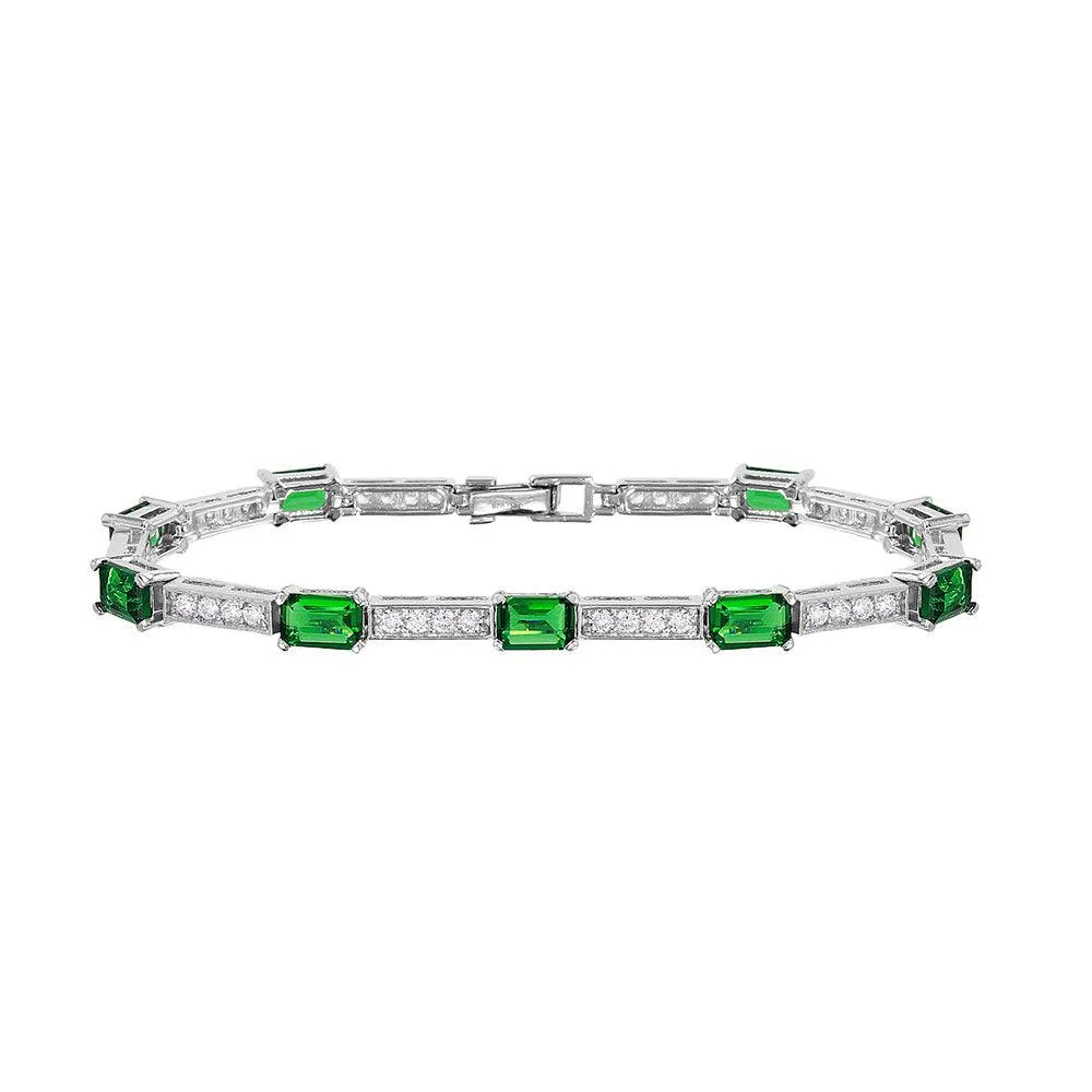 Rhodium Plated 925 Sterling Silver Multi Square Clear and Green CZ Tennis Bracelet - GMB00032RH-GREEN