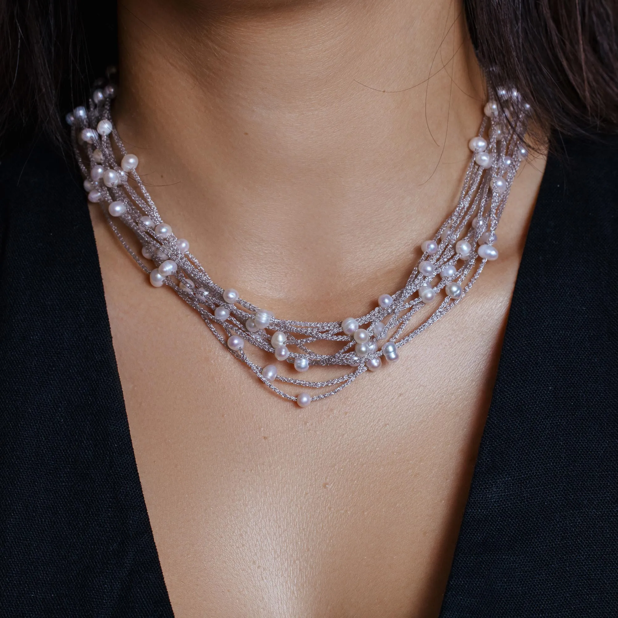 Rhodium Plated 925 Sterling Silver Multi Strand With Fresh Pearl Accent Necklace - ECN00018RH