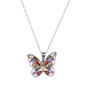Rhodium Plated 925 Sterling Silver Multicolor Baguette Butterfly Necklace - BGP01437