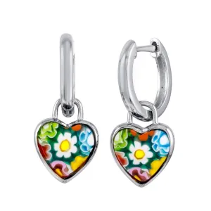 Rhodium Plated 925 Sterling Silver Murano Glass Heart Shaped huggie hoop Earring - ME00001