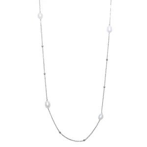 Rhodium Plated 925 Sterling Silver Necklace with Freshwater Pearls and Beads - ECN00028RH