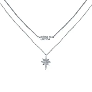 Rhodium Plated 925 Sterling Silver North Star CZ  Dual Strand Necklace - STP01766
