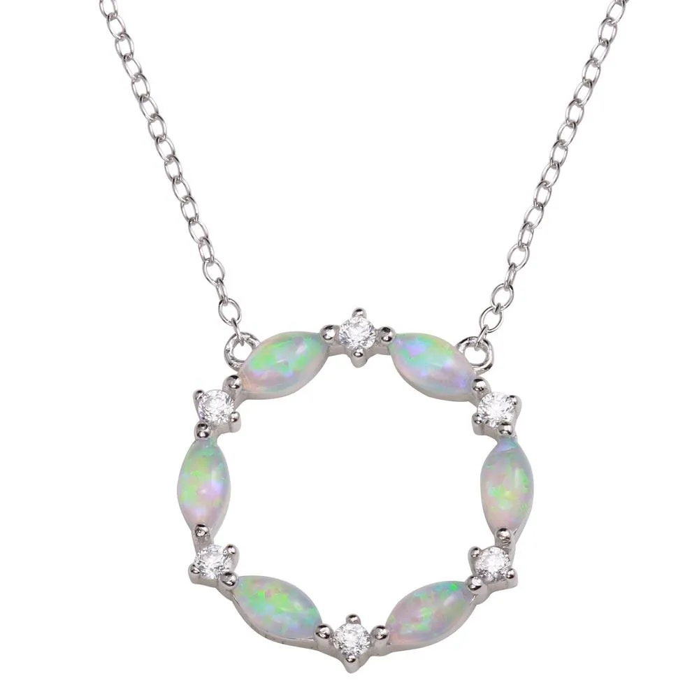 Rhodium Plated 925 Sterling Silver Open Circle Pendant with CZ and Synthetic Opal - STP01681RH