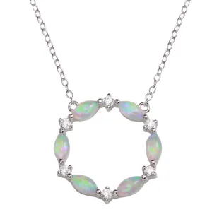 Rhodium Plated 925 Sterling Silver Open Circle Pendant with CZ and Synthetic Opal - STP01681RH