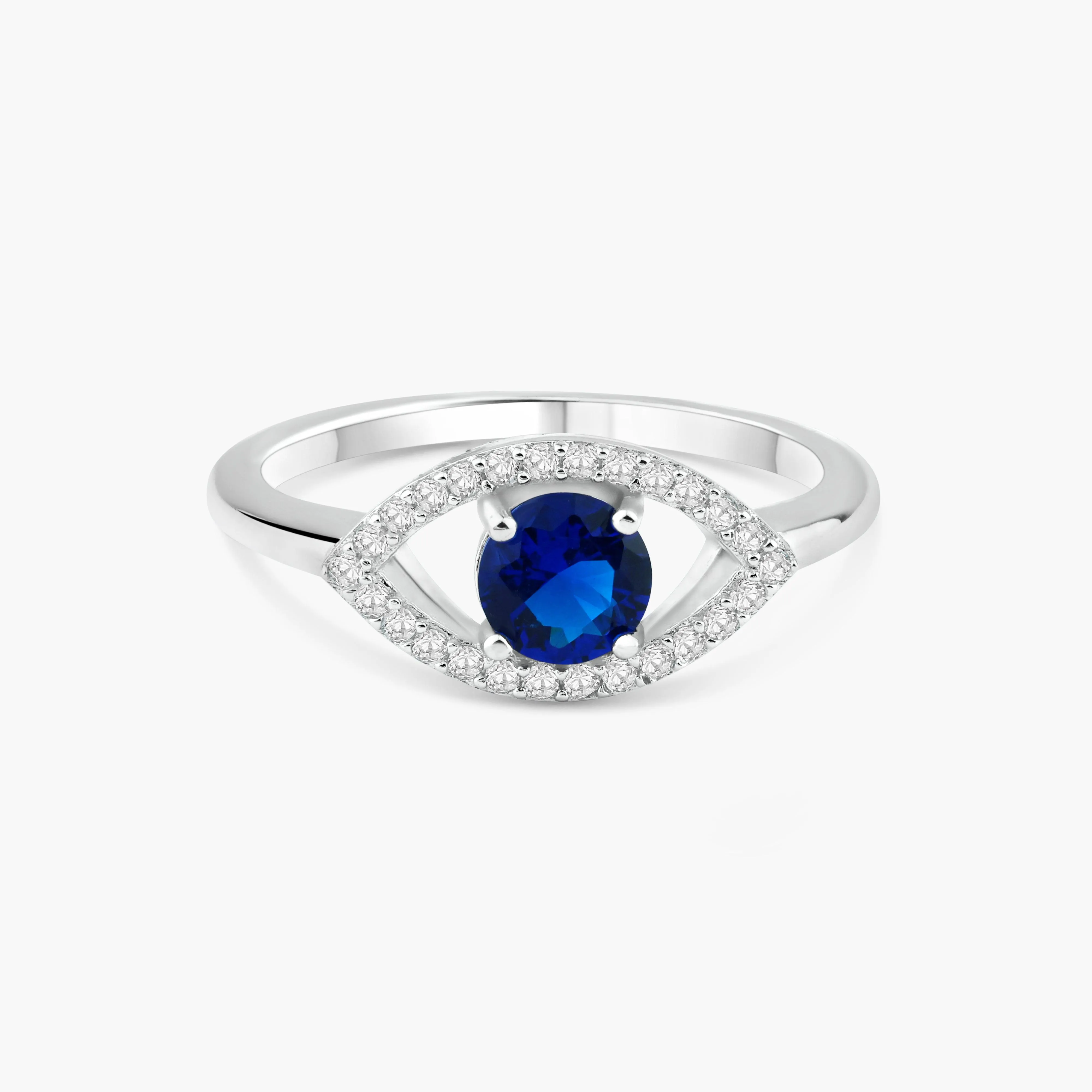 Rhodium Plated 925 Sterling Silver Open Evil Eye Ring with Blue Center Stones - BGR01360