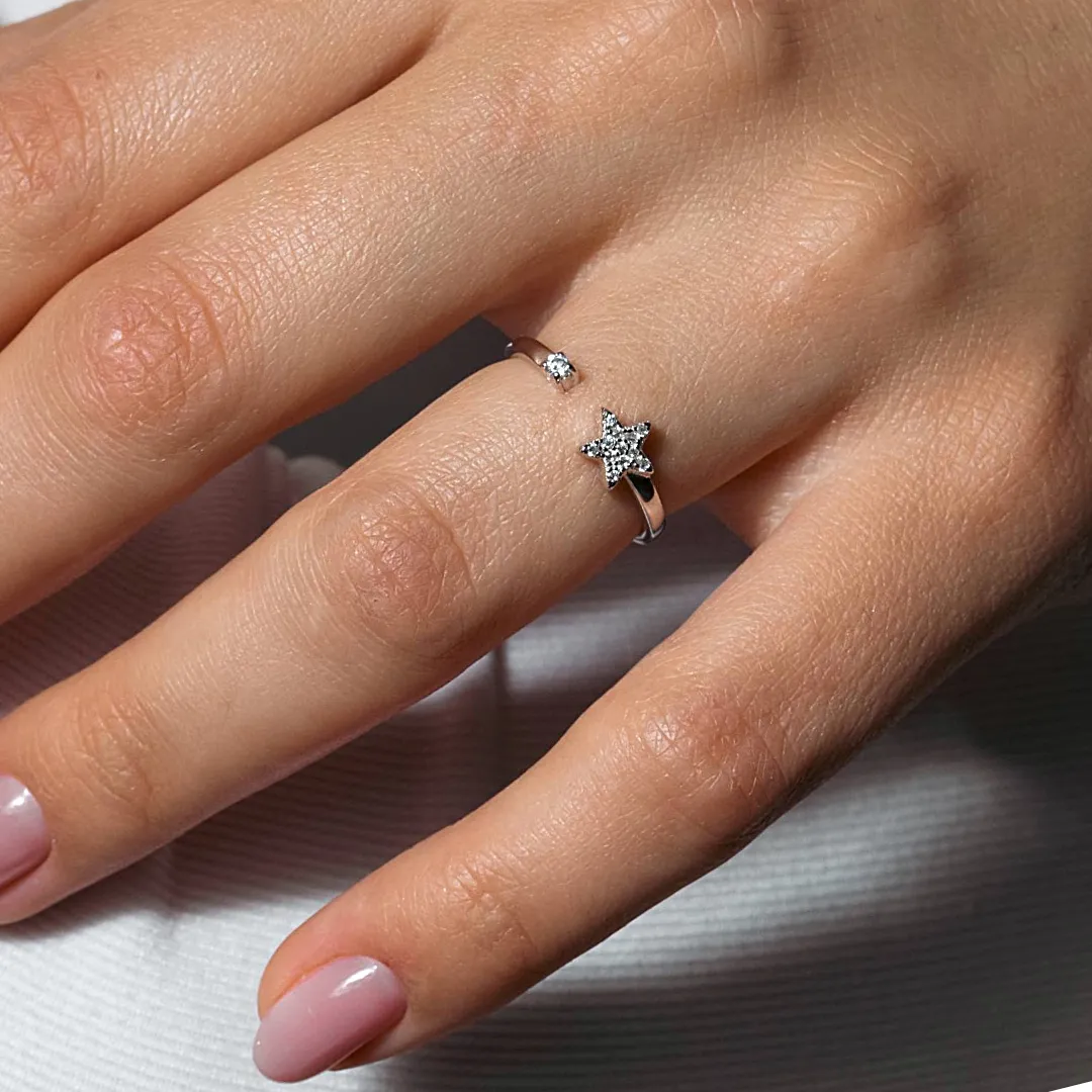 Rhodium Plated 925 Sterling Silver Open Star Ring with CZ - BGR01103