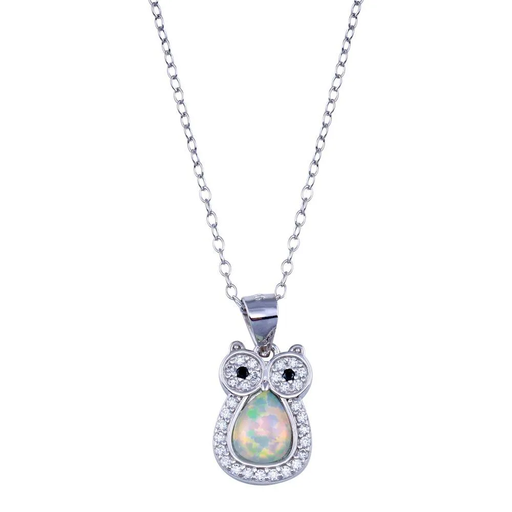 Rhodium Plated 925 Sterling Silver Owl Synthetic Opal Necklace with CZ - STP01748