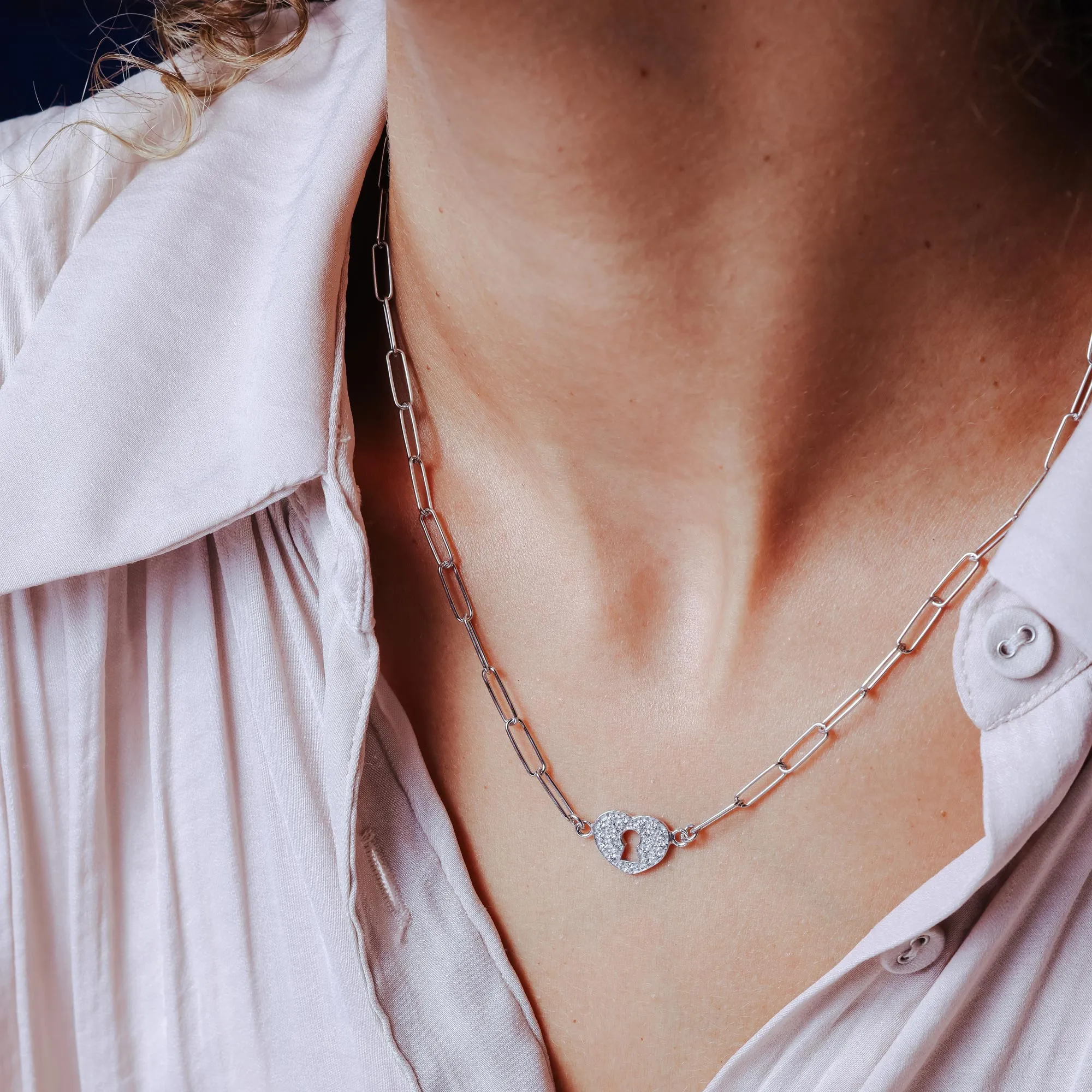 Rhodium Plated 925 Sterling Silver Paperclip Adjustable Clear CZ Heart Lock Necklace - ITN00163-RH