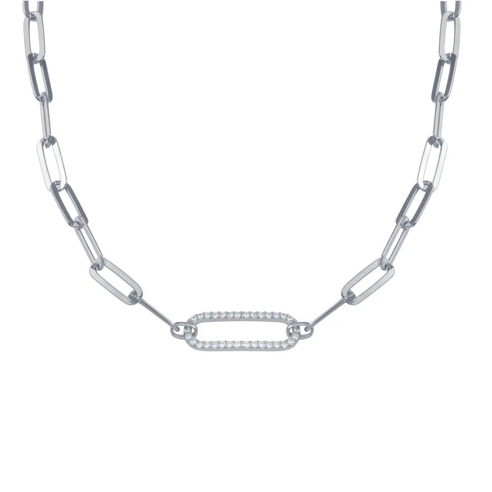 Rhodium Plated 925 Sterling Silver Paperclip Chain CZ Necklace - ITN00149-RH