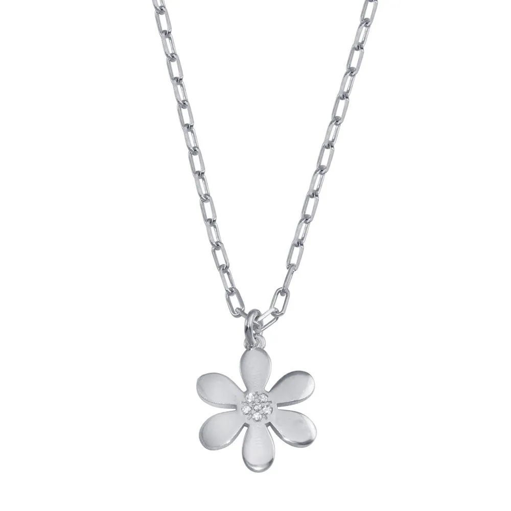 Rhodium Plated 925 Sterling Silver Paperclip Chain Flower CZ Necklace - ITN00154-RH
