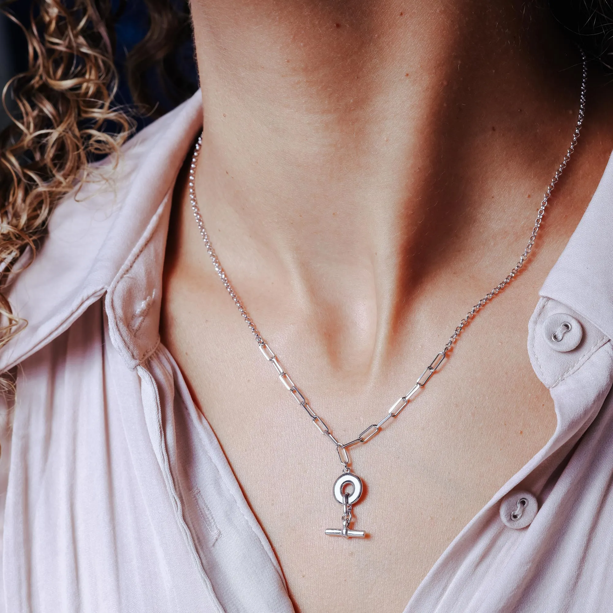 Rhodium Plated 925 Sterling Silver Paperclip Rolo Adjustable Donut and Bar Necklace - ITN00162-RH