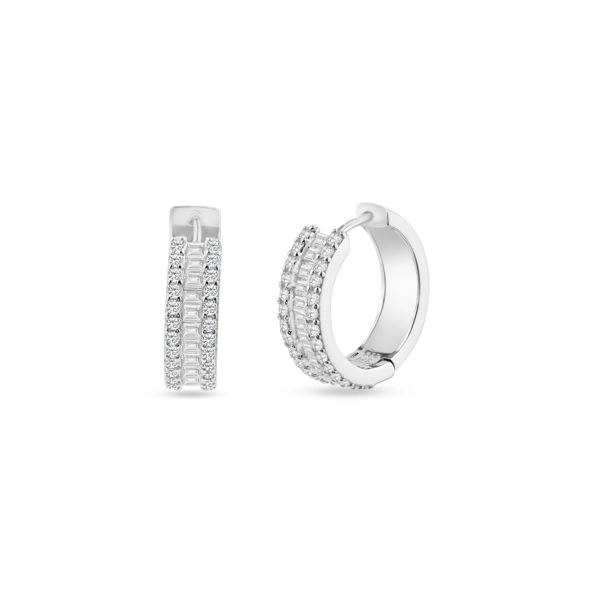 Rhodium Plated 925 Sterling Silver Pave Huggie Hoop Earring 20mm - STE01336