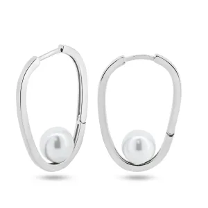 Rhodium Plated 925 Sterling Silver Pearl Hoop Earrings - GME00125