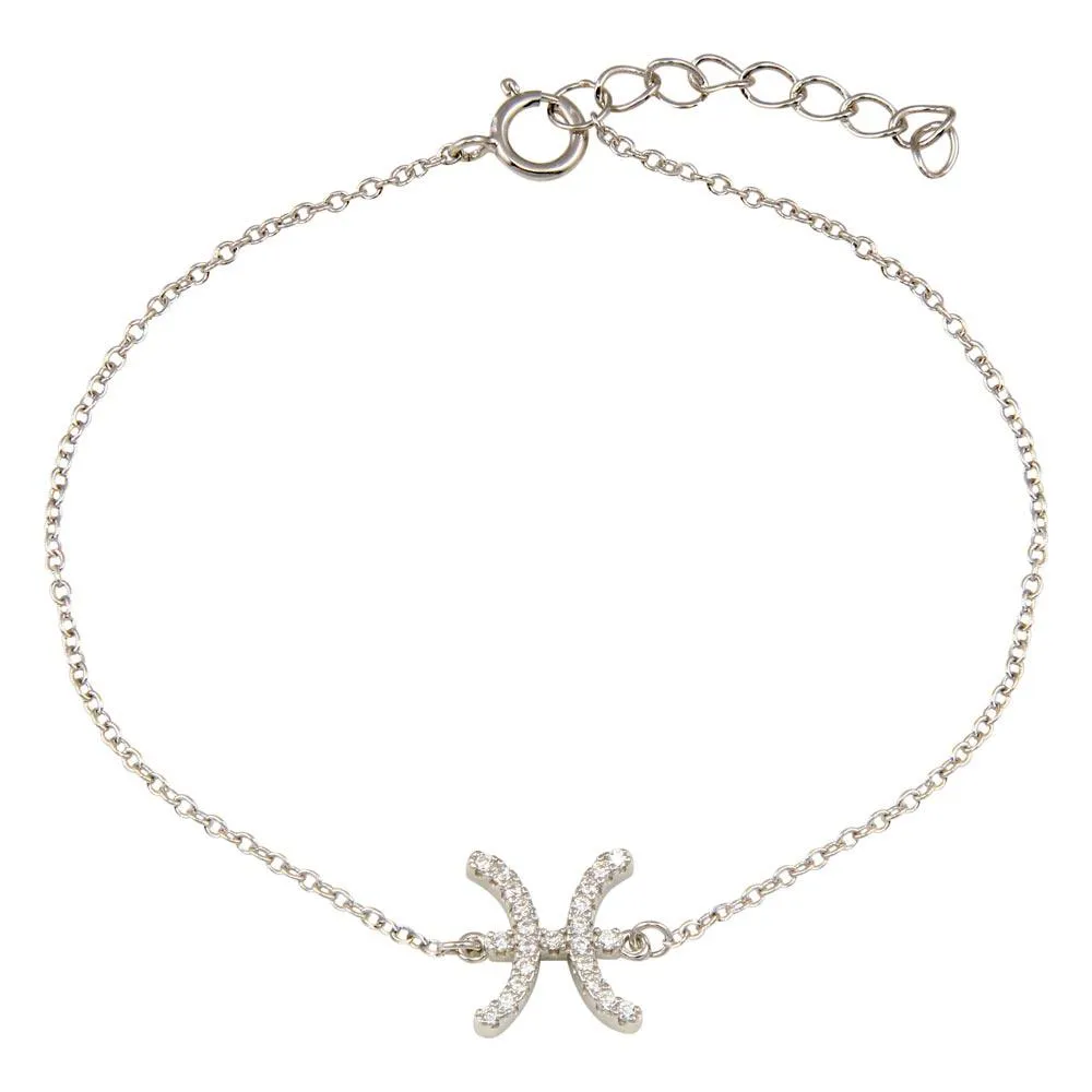 Rhodium Plated 925 Sterling Silver Pisces CZ Adjustable Link Bracelet - BGB00367