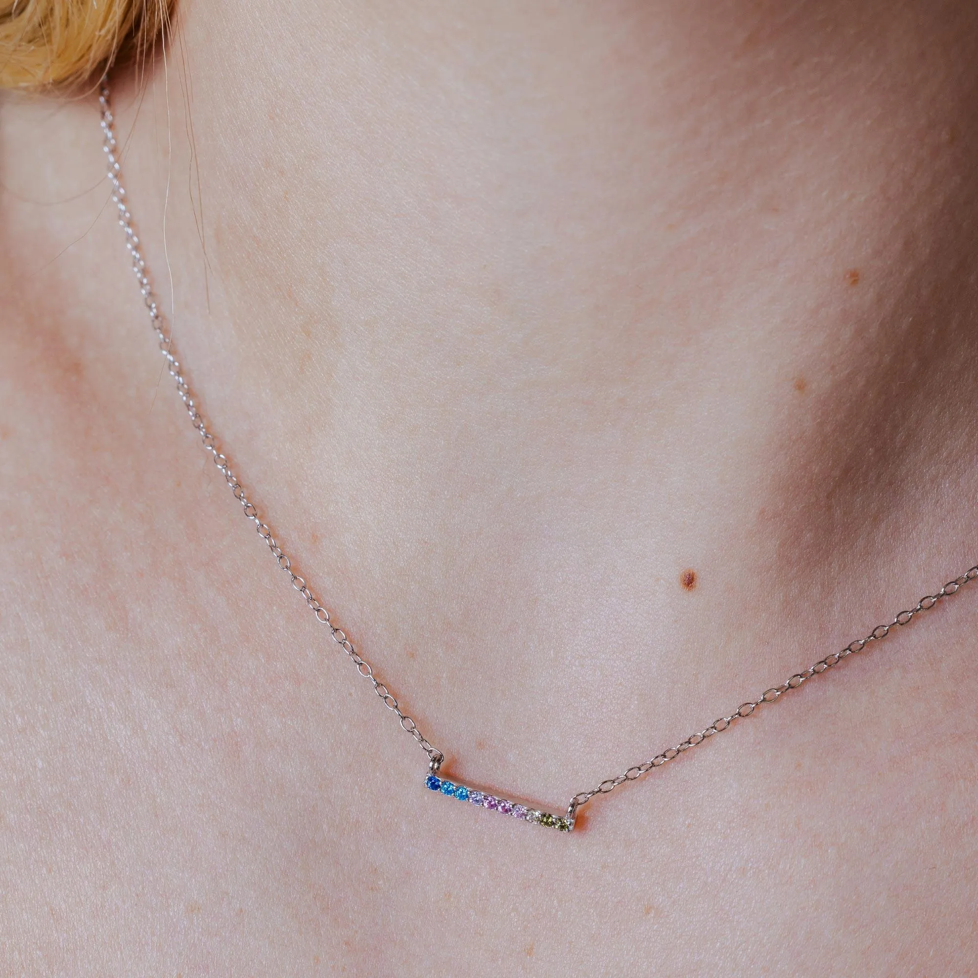 Rhodium Plated 925 Sterling Silver Rainbow Multi Color CZ Bar Necklace - STP01732