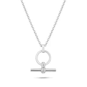 Rhodium Plated 925 Sterling Silver Rolo Adjustable Clear CZ Toggle Charm Bar Necklace - ITN00166-RH
