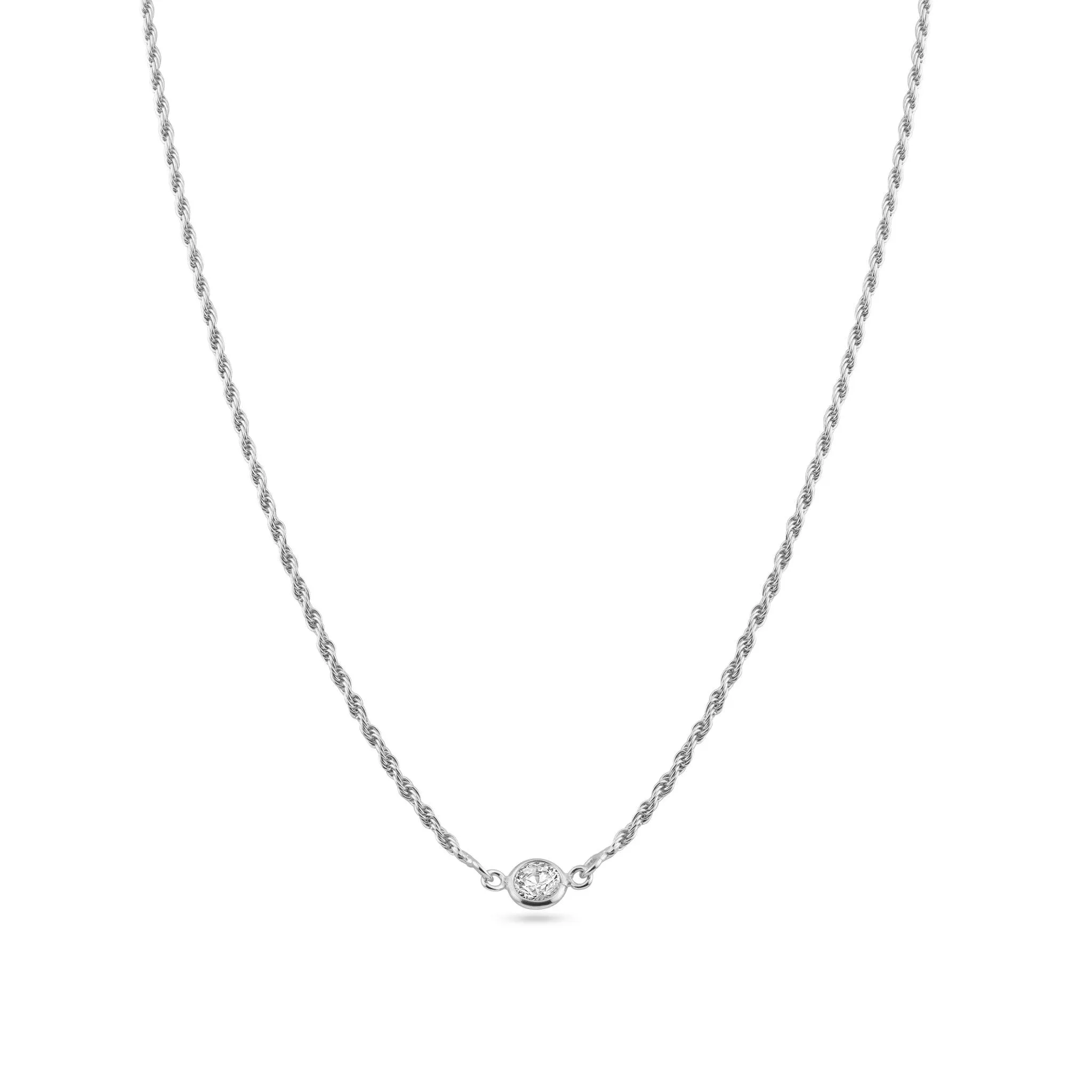 Rhodium Plated 925 Sterling Silver Rope Clear CZ Adjustable Link Necklace - ITN00160-RH