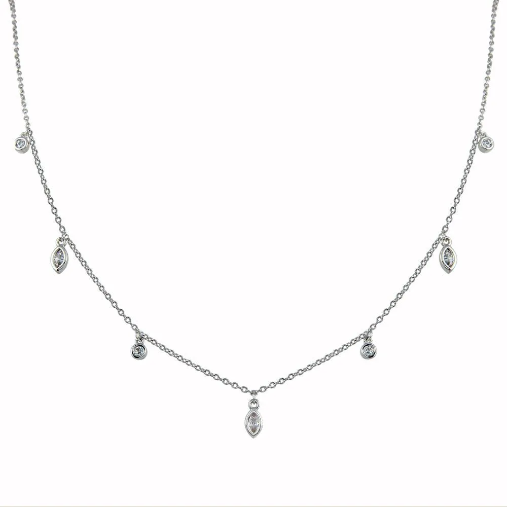 Rhodium Plated 925 Sterling Silver Round and Marquise Shape CZ Charm Necklace - BGP01345