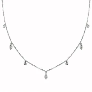 Rhodium Plated 925 Sterling Silver Round and Marquise Shape CZ Charm Necklace - BGP01345