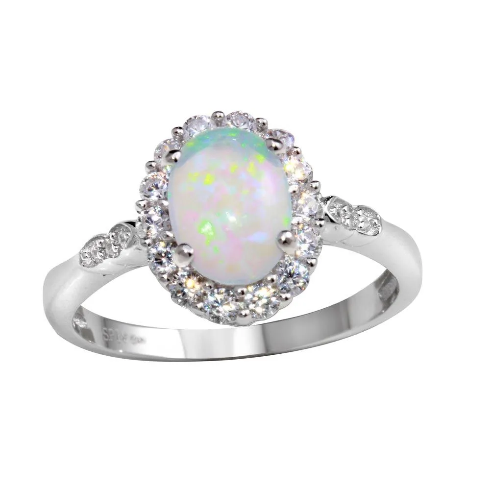 Rhodium Plated 925 Sterling Silver Round Synthetic Opal Ring - STR01103