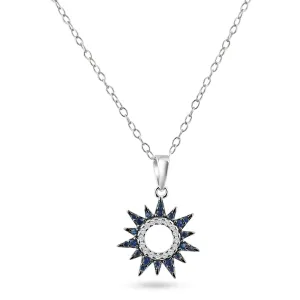 Rhodium Plated 925 Sterling Silver Sun Blue and Clear CZ Pendant Necklace - BGP01468