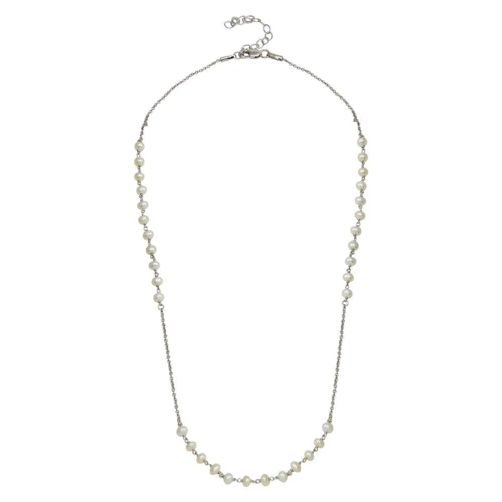 Rhodium Plated 925 Sterling Silver Synthetic Pearl Beads Necklace - DIN00072RH-PRL