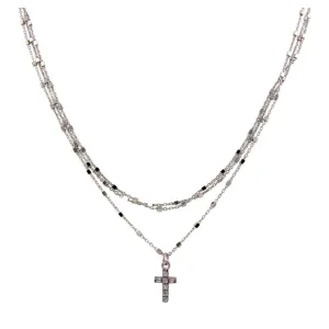 Rhodium Plated 925 Sterling Silver Triple Chain Cross Necklace with Beads and CZ - ITN00122RH