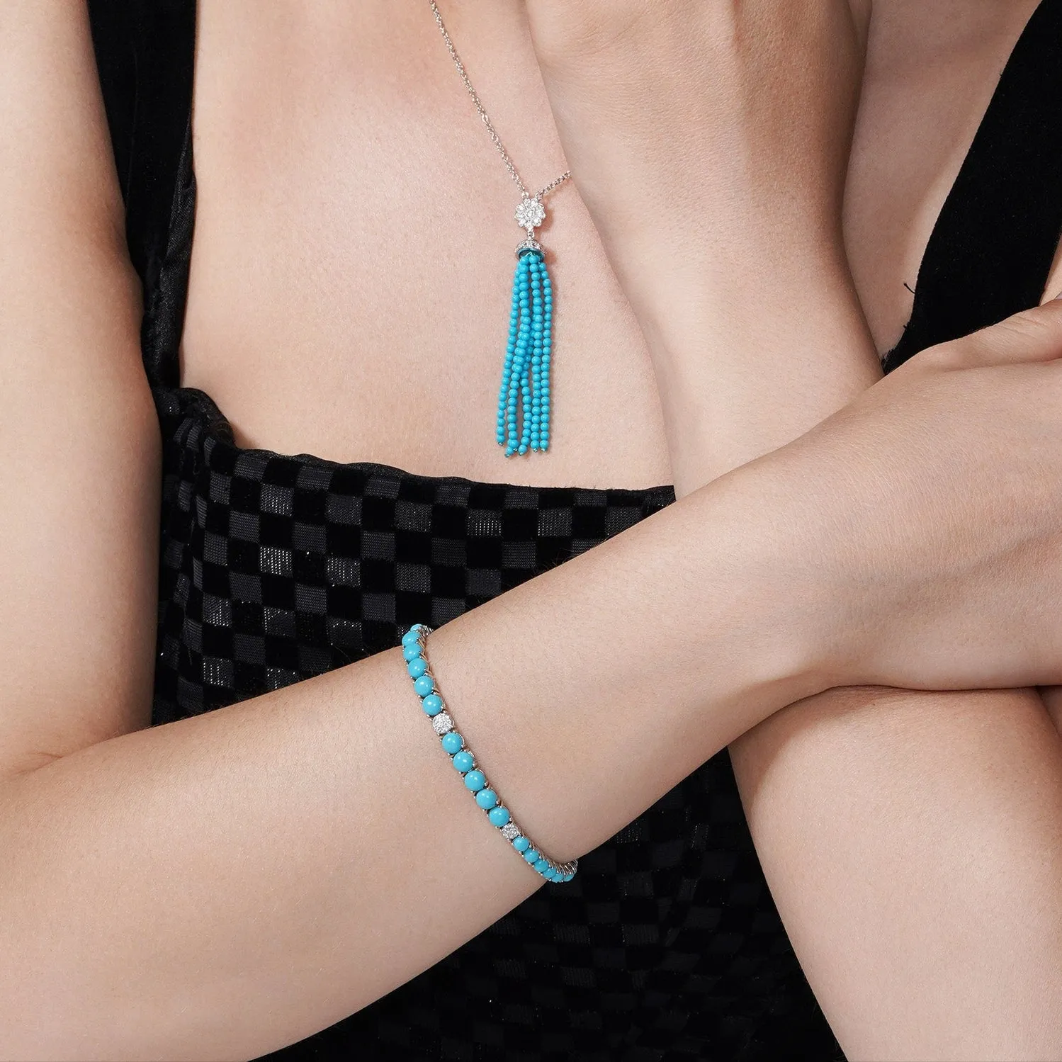Rhodium Plated 925 Sterling Silver Turquoise and Clear CZ 5mm Tennis Bracelet - BGB00384