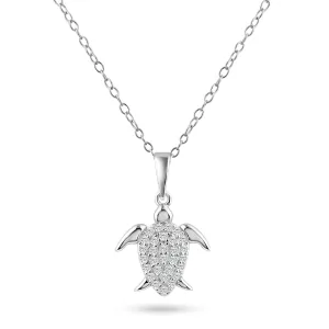 Rhodium Plated 925 Sterling Silver Turtle Clear CZ Pendant Necklace - BGP01464