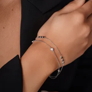 Rhodium Plated 925 Sterling Silver Two Strand Heart Ball Charm Clear CZ Cross Diamond Cut Round Charm Clear CZ Adjustable Bracelet - GMB00163