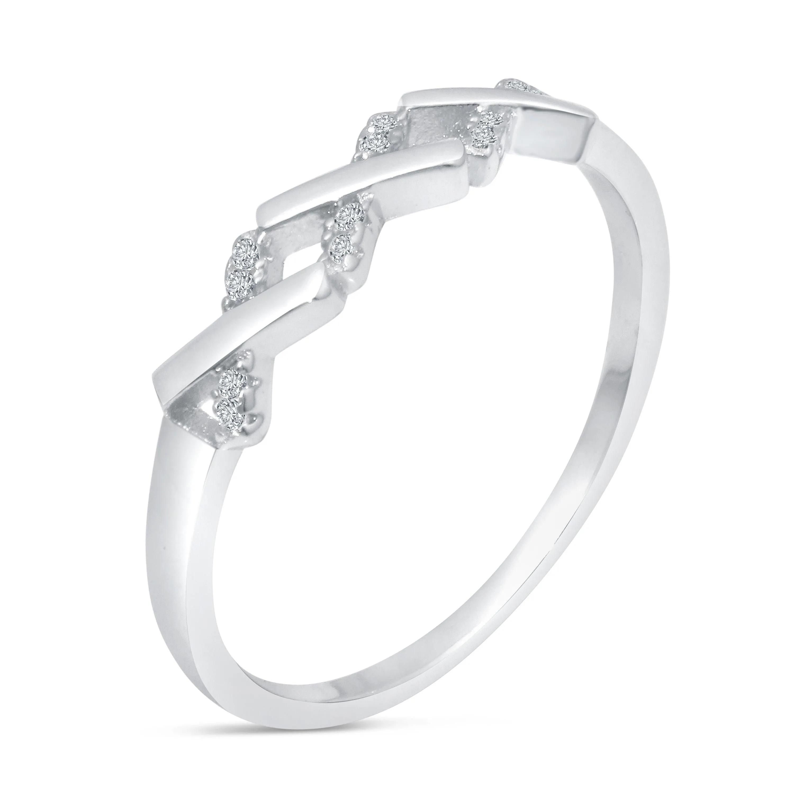 Rhodium Plated 925 Sterling Silver ZigZag Pattern Ring with CZ - BGR01192
