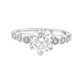 Rhodium Plated 925 Sterling Silver 1 Carat Round Moissanite and Clear CZ Ring - MBGR00005