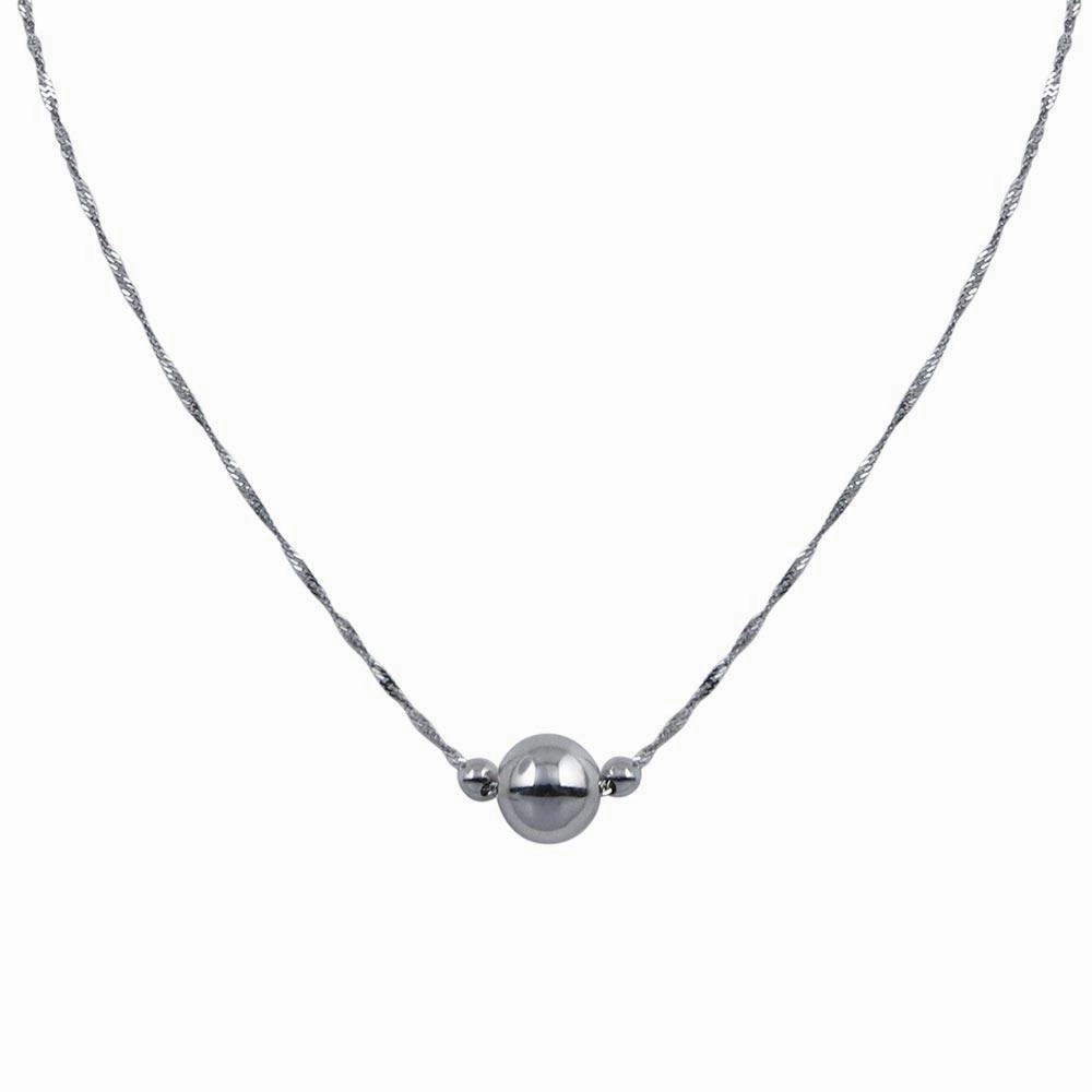 Rhodium Plated 925 Sterling Silver 3 Beads Singapore Chain Necklace - SOP00091