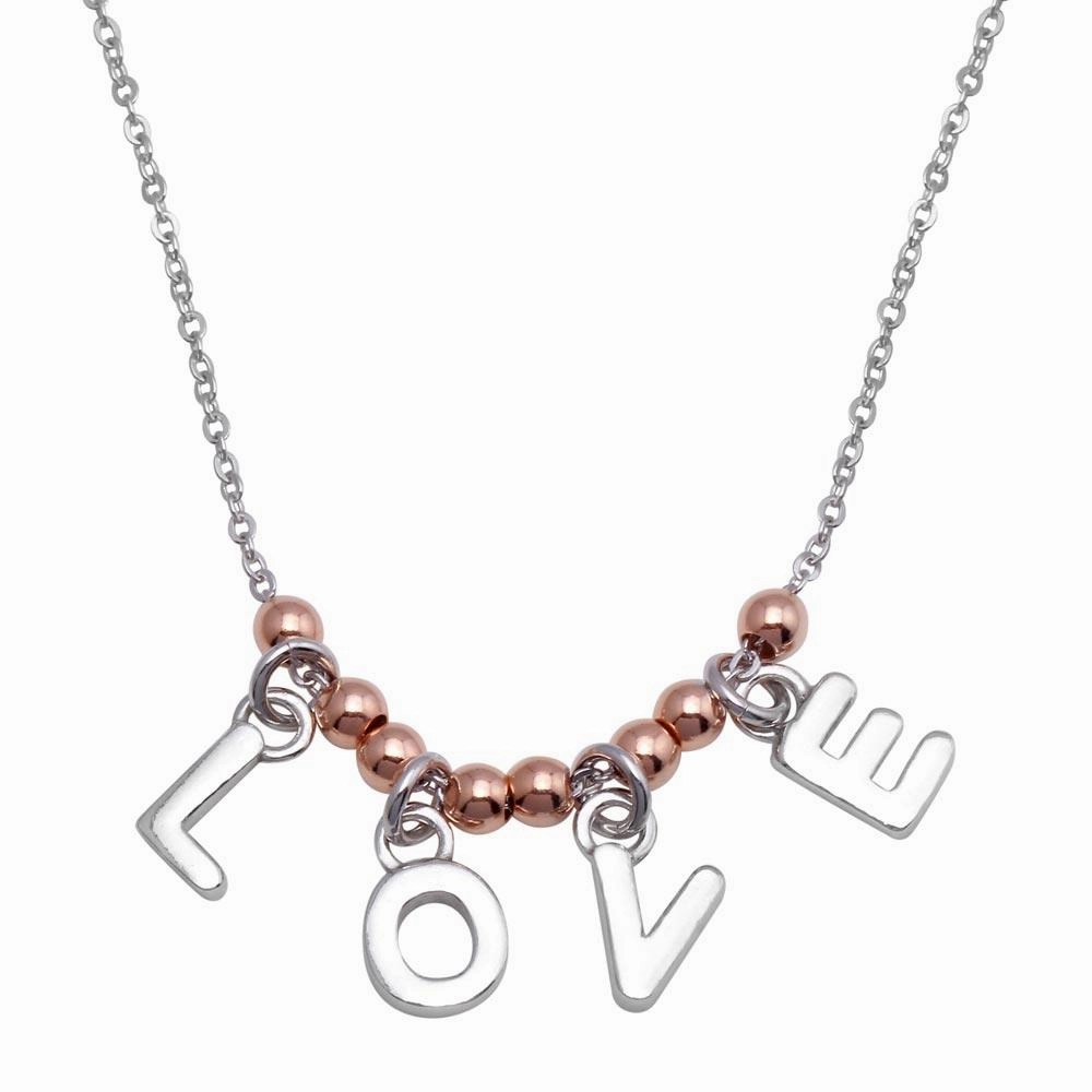 Rhodium Plated 925 Sterling Silver and Rose Gold Plated "Love" Necklace - SOP00088