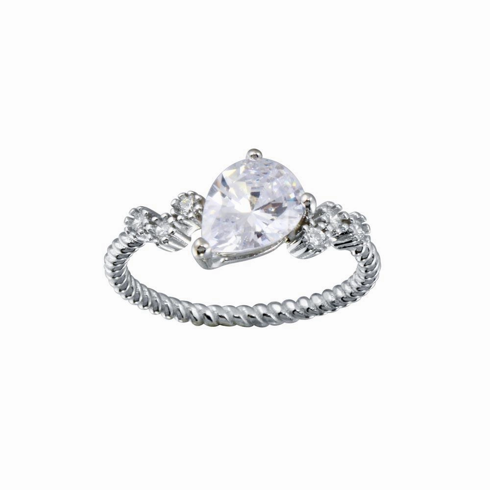 Rhodium Plated 925 Sterling Silver Angled Teardrop CZ Shank Ring - BGR01352