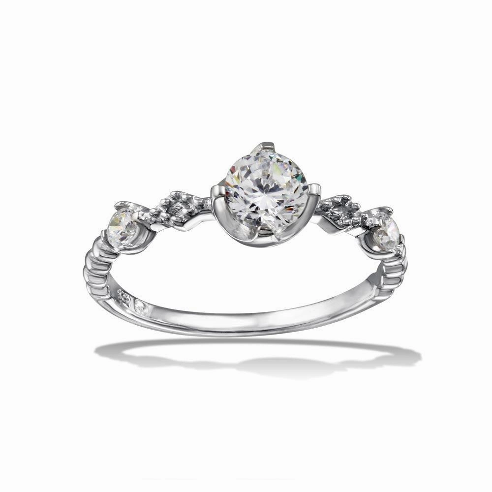 Rhodium Plated 925 Sterling Silver Beaded Shank CZ Ring - BGR01126