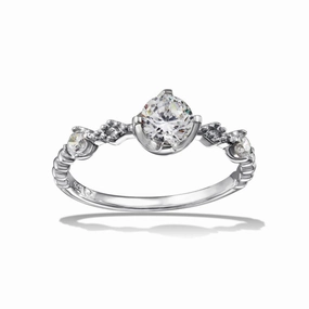 Rhodium Plated 925 Sterling Silver Beaded Shank CZ Ring - BGR01126