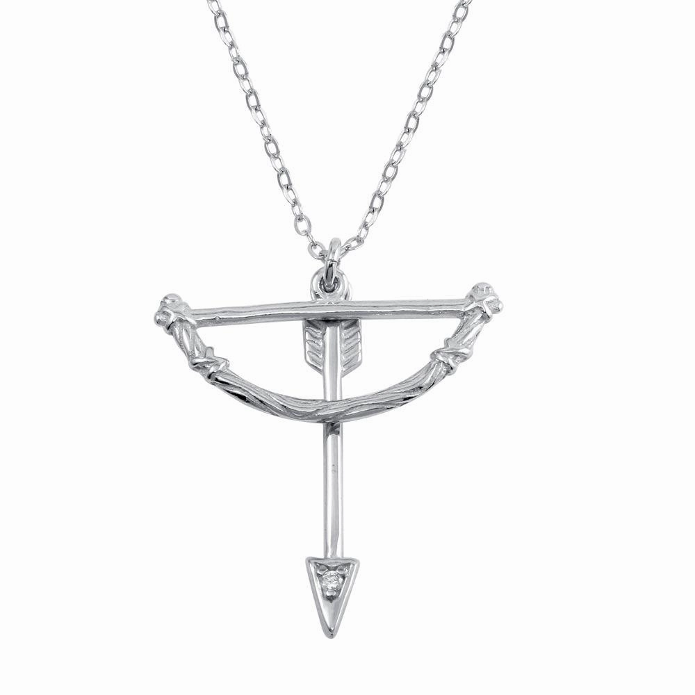 Rhodium Plated 925 Sterling Silver Bow and Arrow Charm Necklace - SOP00106