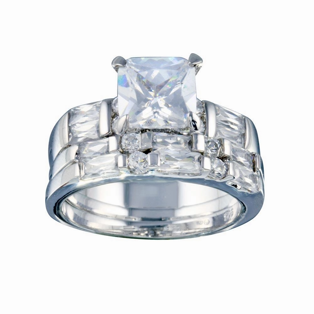 Rhodium Plated 925 Sterling Silver Clear Baguette Round Square Center CZ Bridal Ring Set - BGR00248