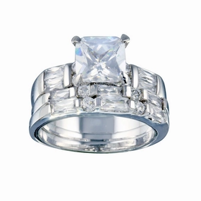 Rhodium Plated 925 Sterling Silver Clear Baguette Round Square Center CZ Bridal Ring Set - BGR00248
